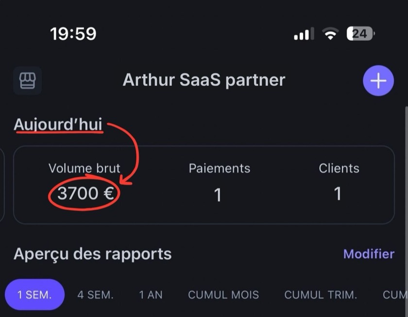 Tableau de bord Stripe d’Arthur : 3700 € encaissés, 1 paiement, 1 client.