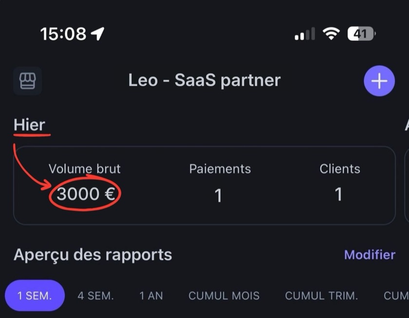 Tableau de bord Stripe de Leo : 3000 € encaissés, 1 paiement, 1 client.
