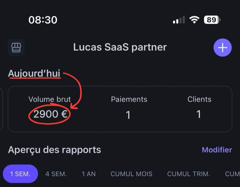 Tableau de bord Stripe de Lucas : 2900 € encaissés, 1 paiement, 1 client.