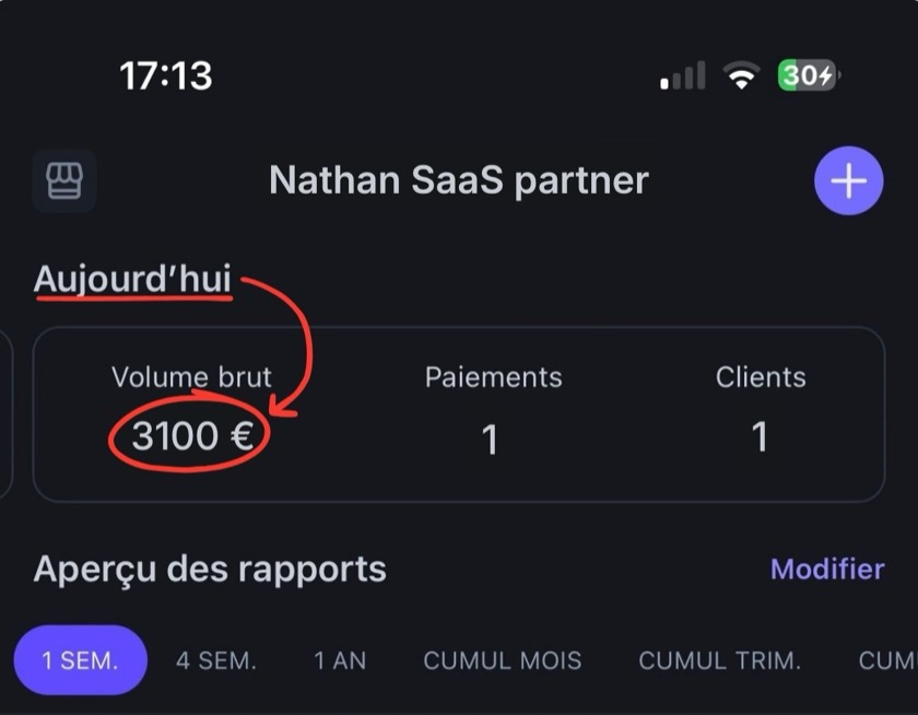 Tableau de bord Stripe de Nathan : 3100 € encaissés, 1 paiement, 1 client.