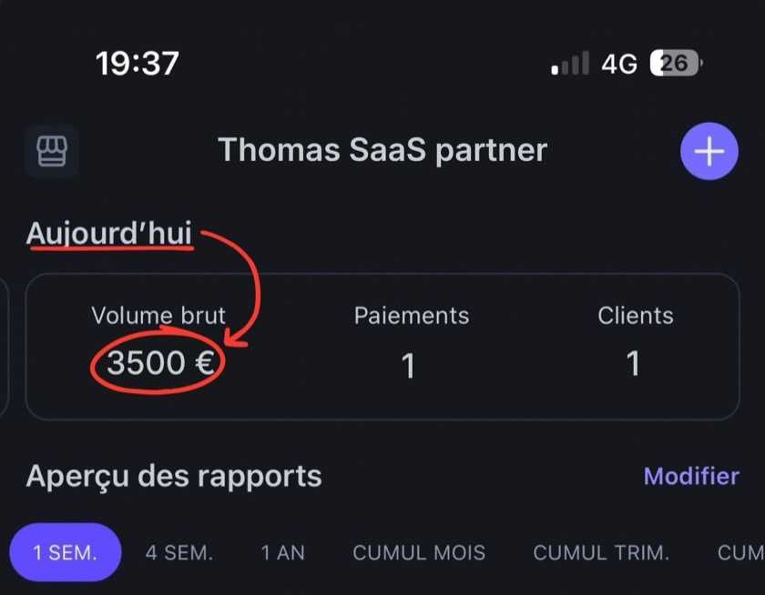 Tableau de bord Stripe de Thomas : 3500 € encaissés, 1 paiement, 1 client.